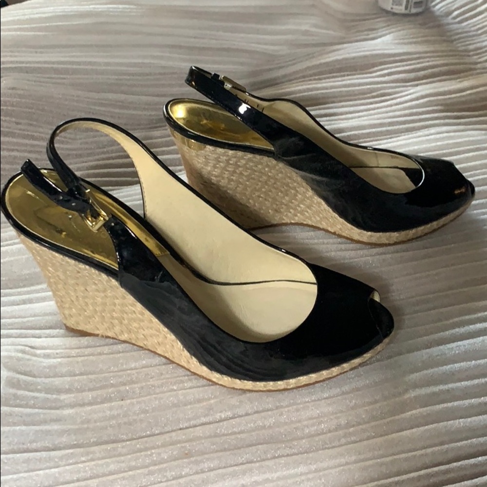 Michael Kors Black Platform Patent Wedges w/ woven heel